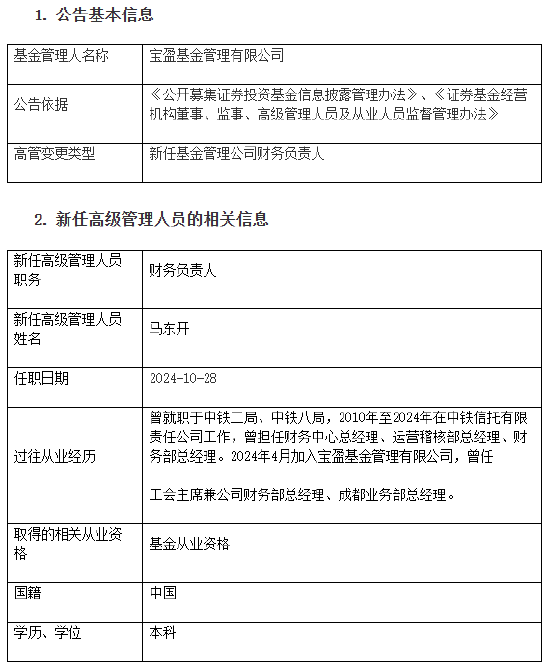 宝盈基金新任马东开为财务负责人-第1张图片-茶世界